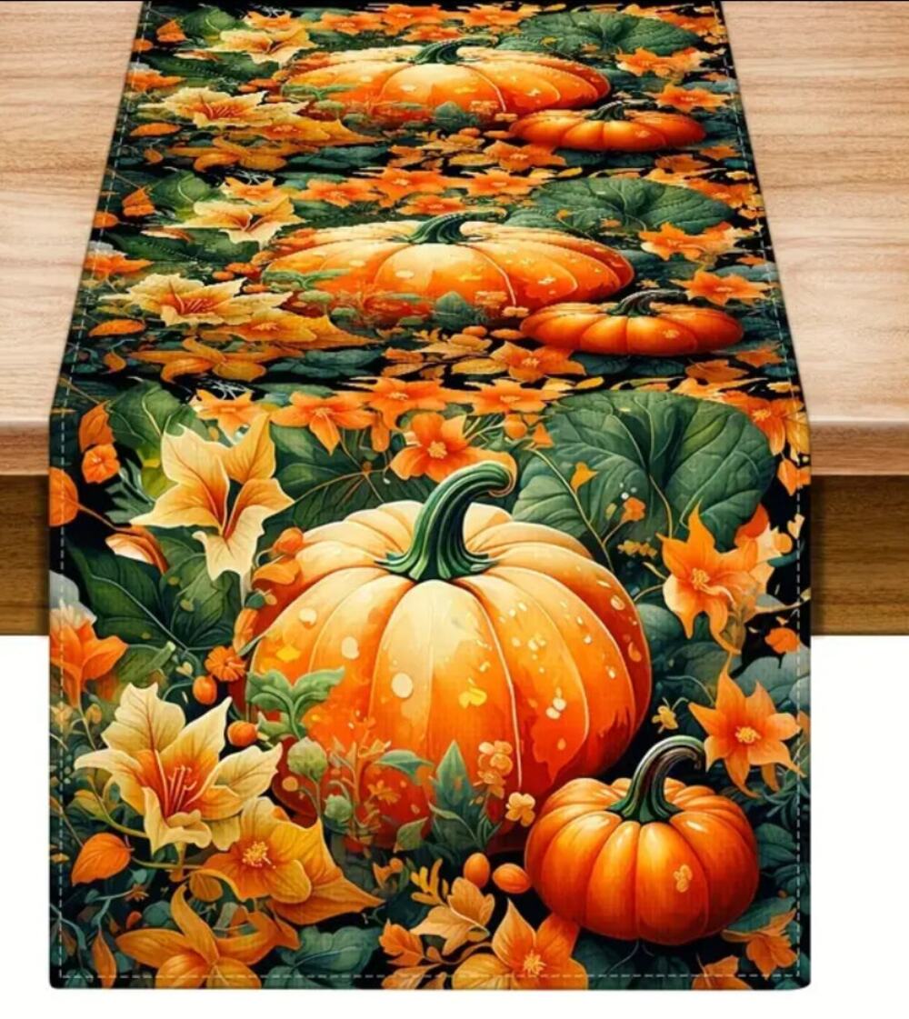 Pumpkin Patch Table Runner 13"×72" Fall Autumn Orange Green Harvest Thanksgiving